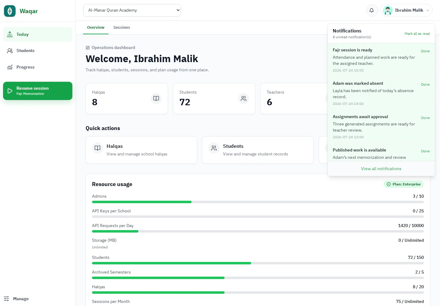 Waqar dashboard notification center with current school alerts
