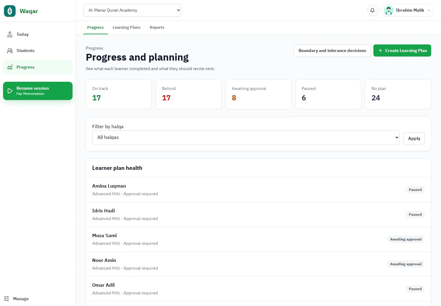 Waqar progress health summary with actionable learner states
