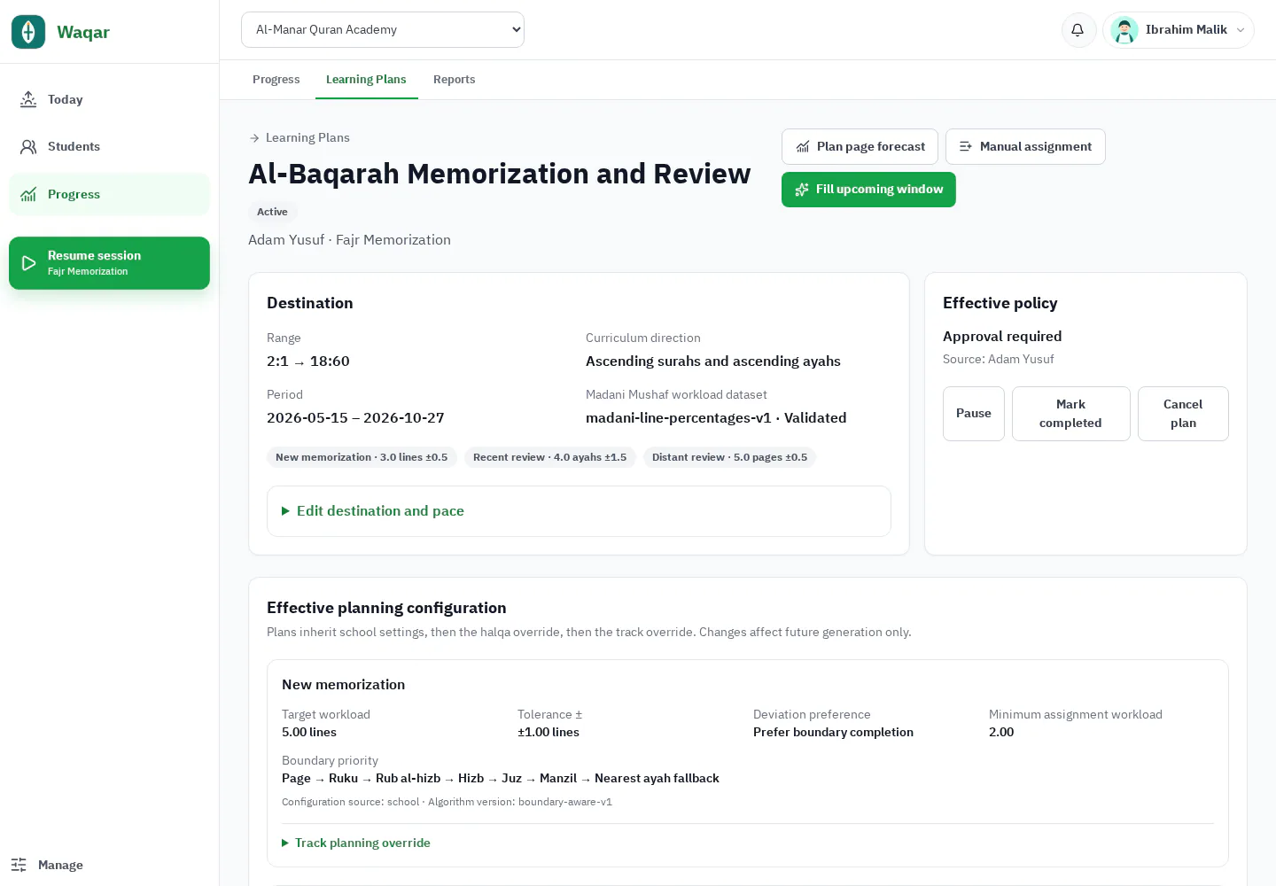 Waqar Learning Plan destination form with learner, range, direction, and target