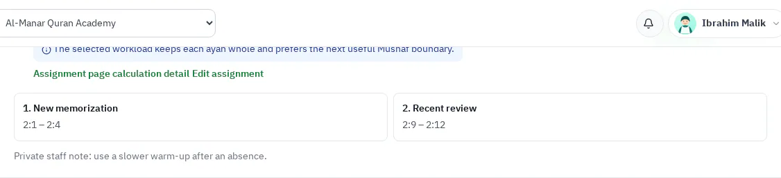Waqar assignment review with ordered segments, due dates, and approval actions