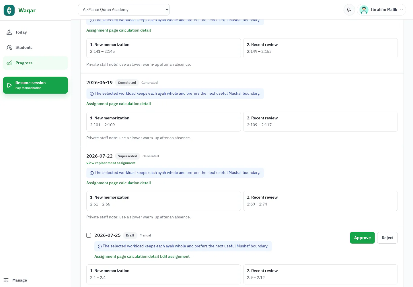 Waqar assignment lifecycle showing draft review, publication, and preserved replacements