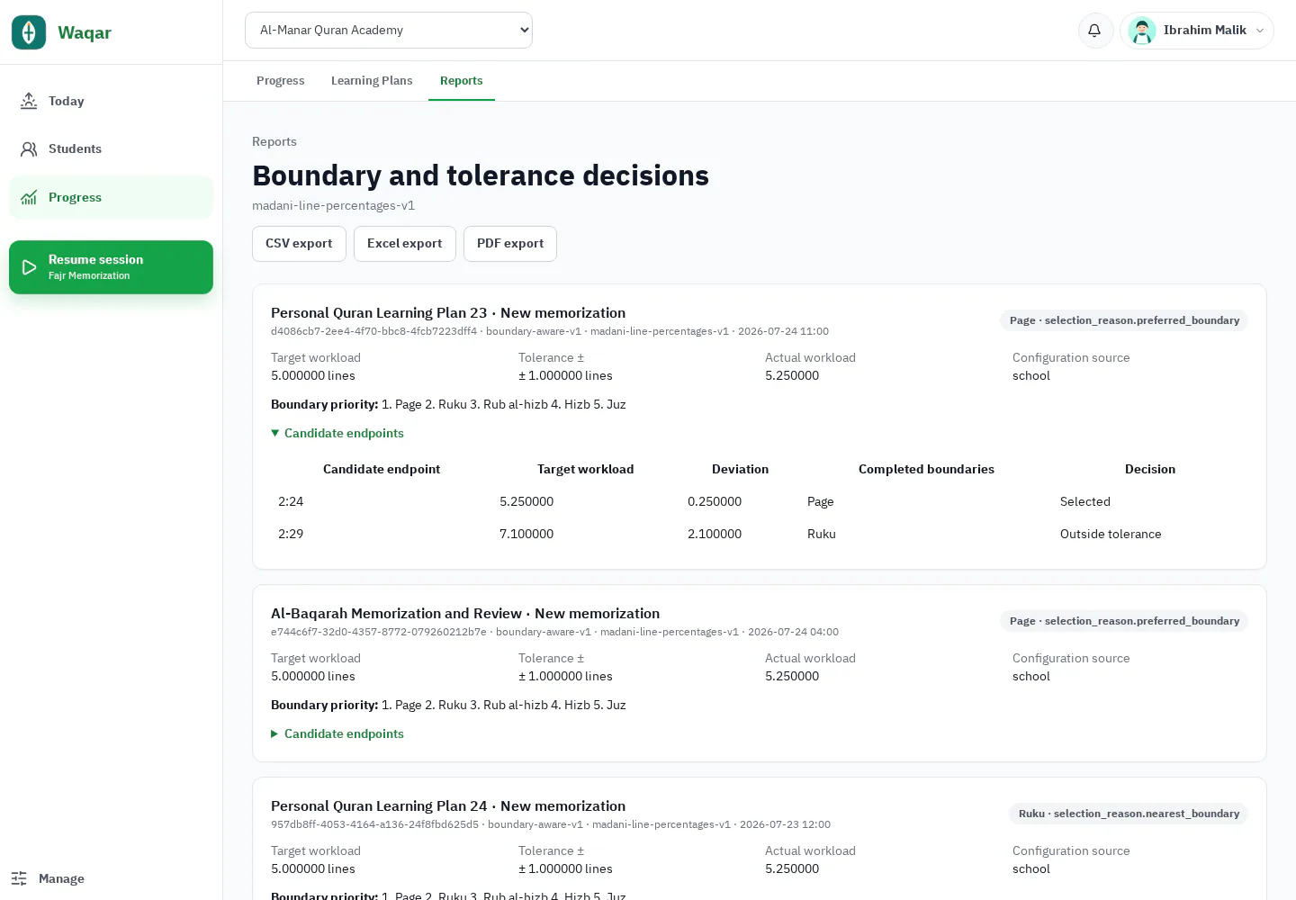 Waqar planning evidence showing candidates, tolerance, and selected boundary