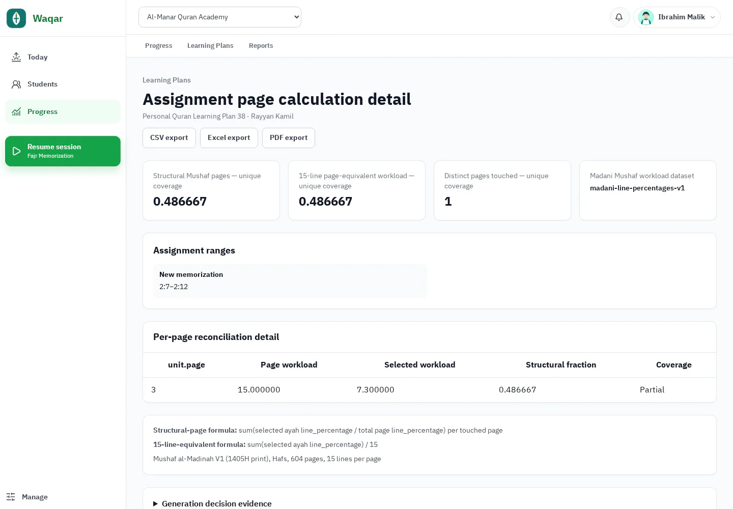 Waqar assignment calculation with per-page workload reconciliation