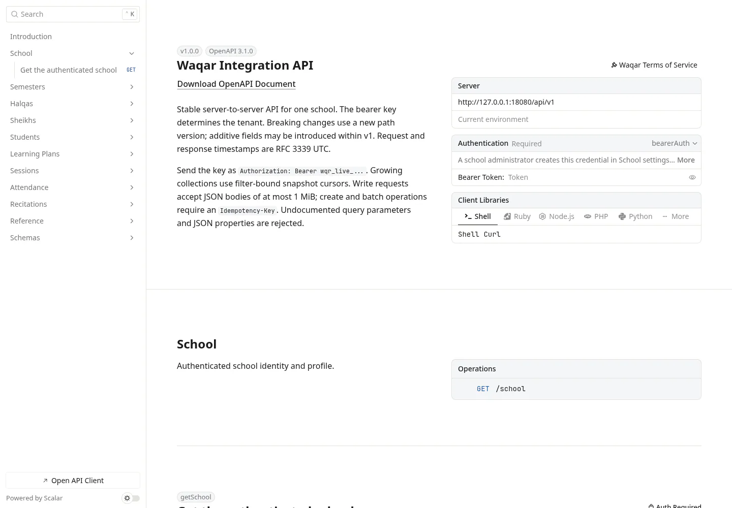 Waqar rendered API contract with resource groups, schemas, and response definitions