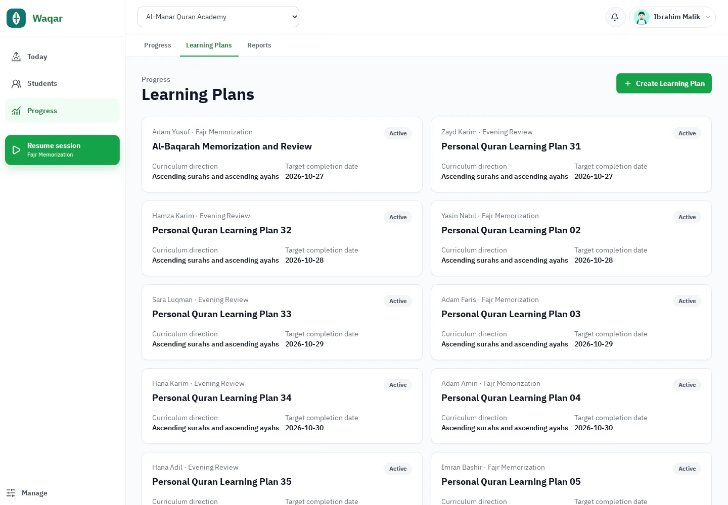 Waqar Learning Plans list with learner, destination, policy, and progress context