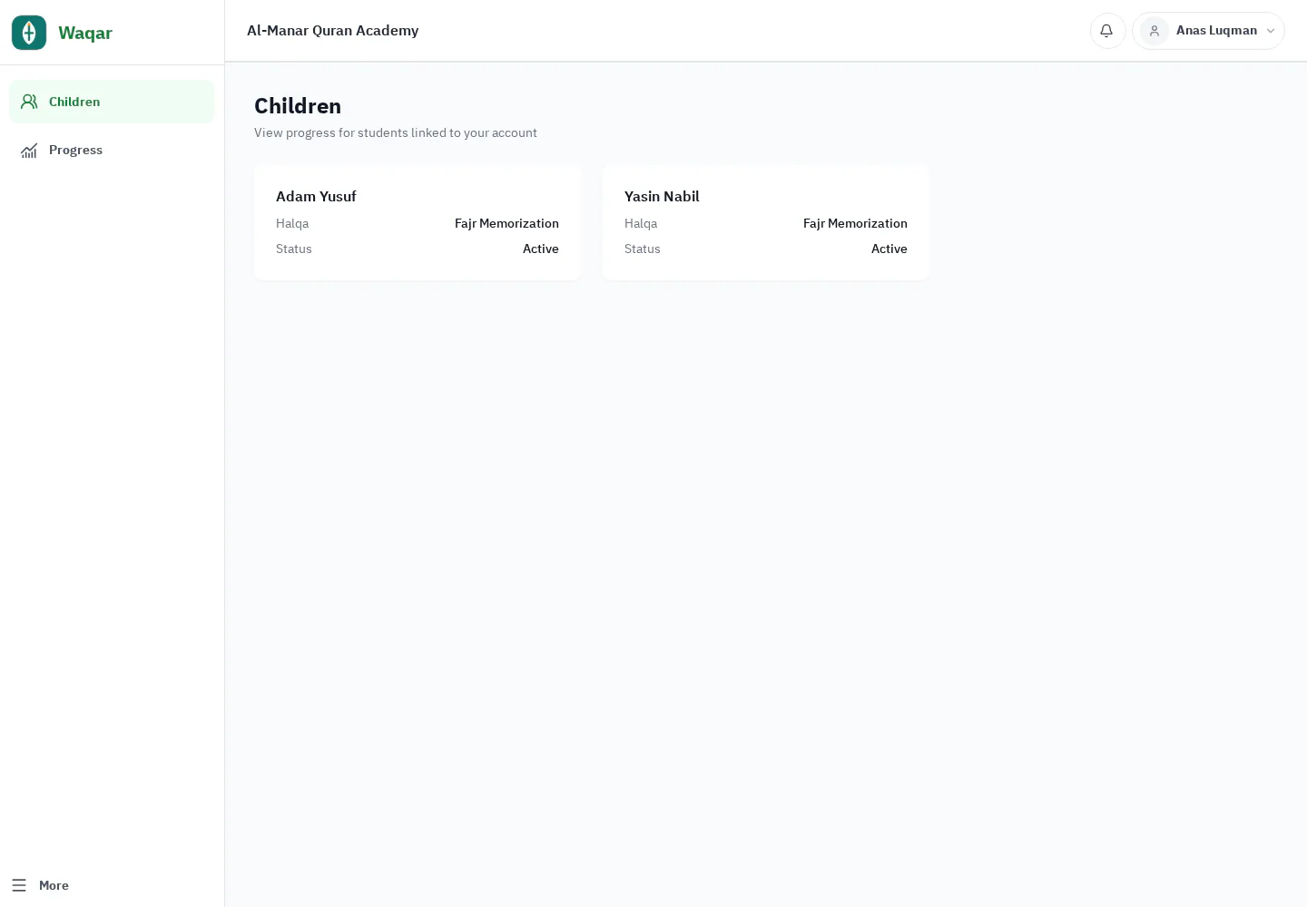 Waqar parent dashboard with multiple linked children and school-specific context
