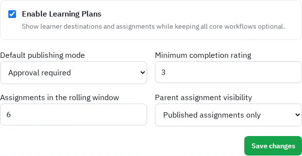 Waqar school settings for Learning Plans enablement and publication behavior