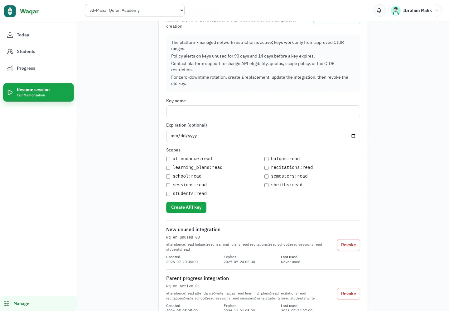 Waqar school API key management with scope, expiration, and key inventory controls