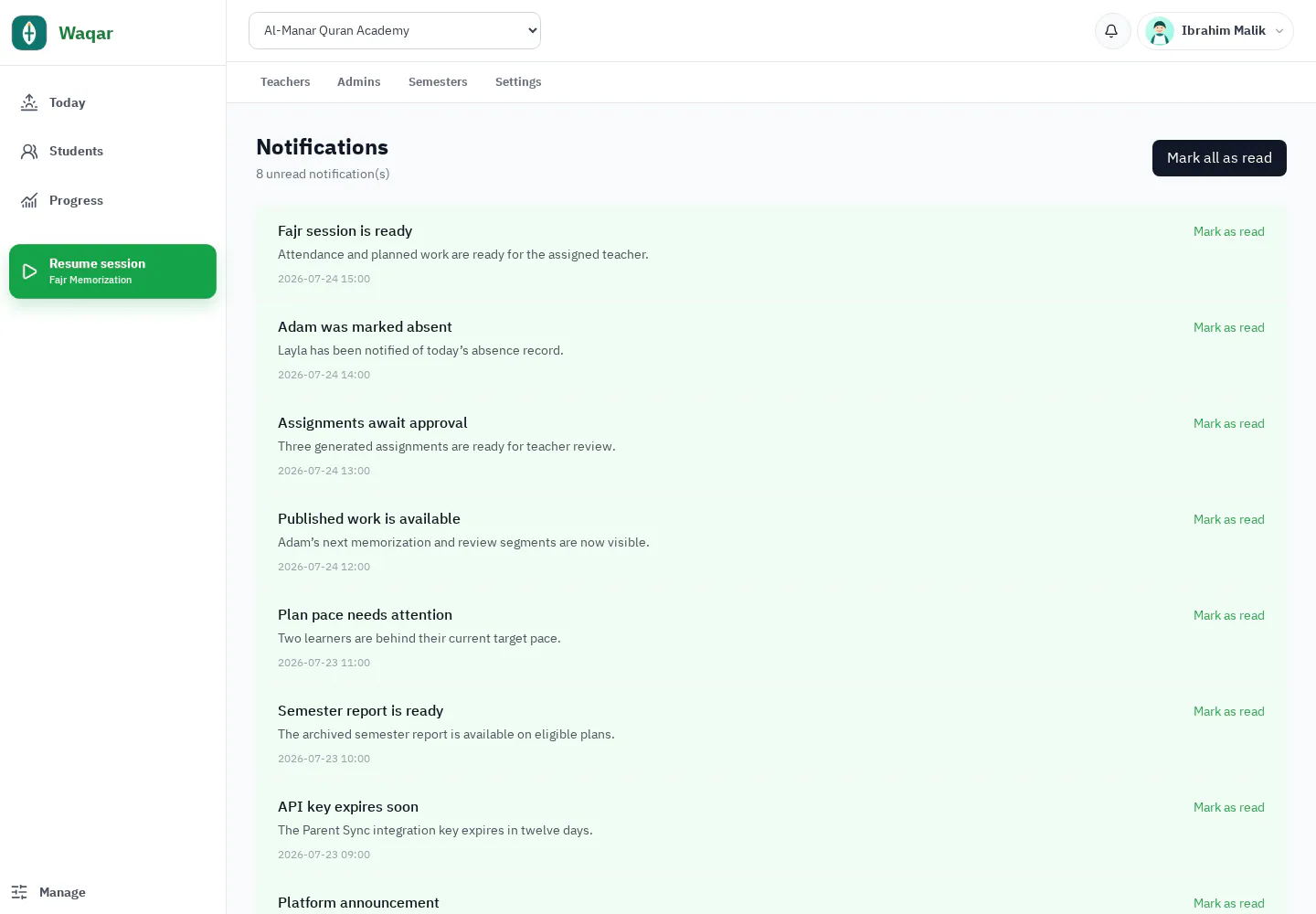Waqar notification center with read and unread school alerts
